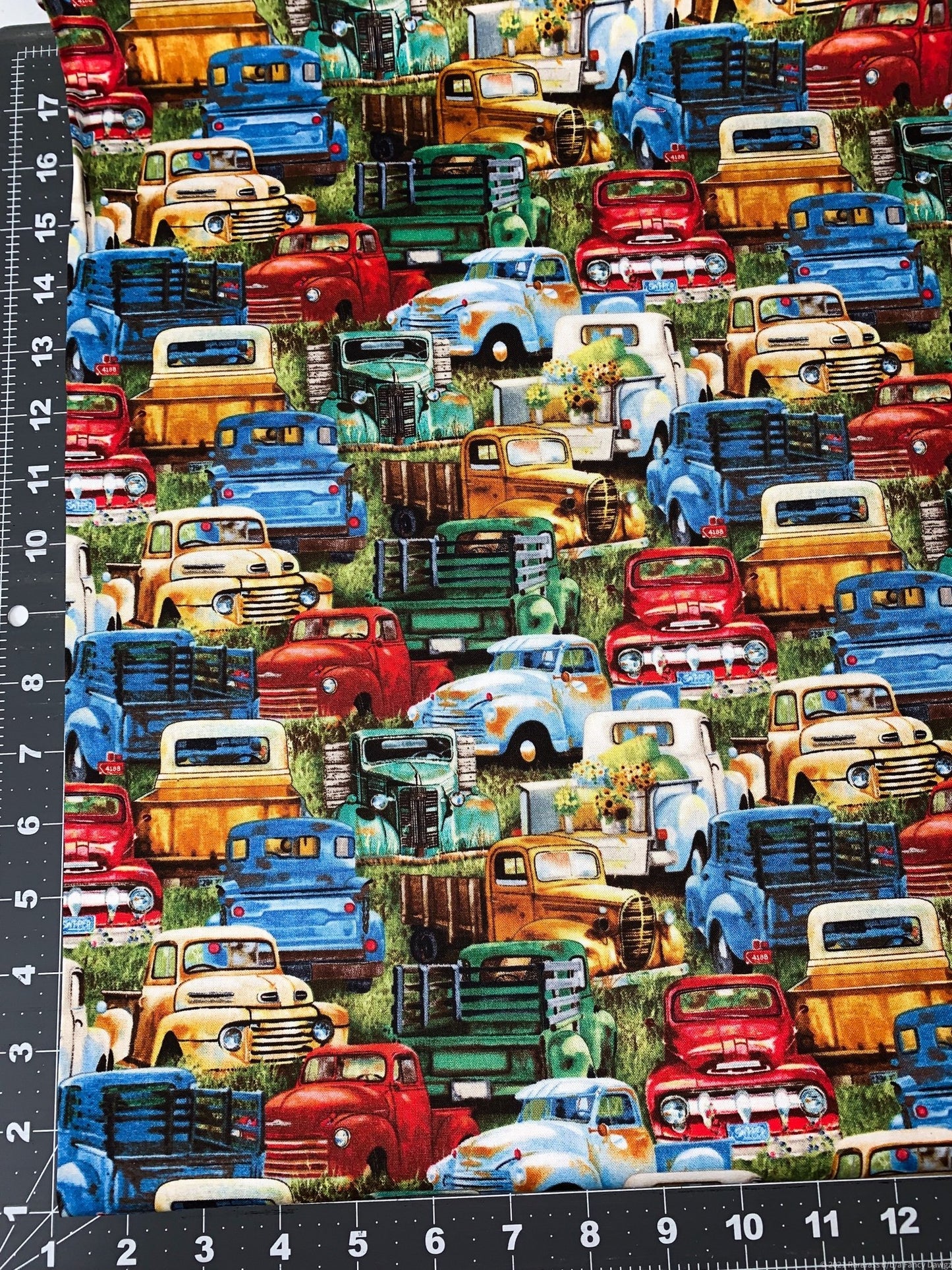 Vintage Truck Fabric 21002 Green Trucks cotton fabric - Mary Jo Fabrics