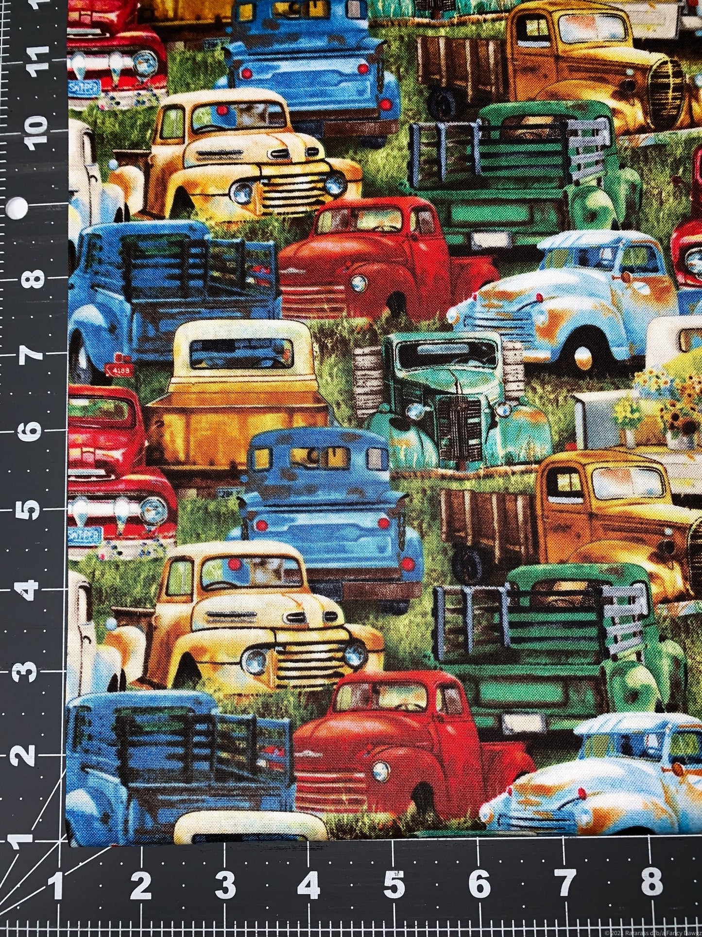 Vintage Truck Fabric 21002 Green Trucks cotton fabric - Mary Jo Fabrics