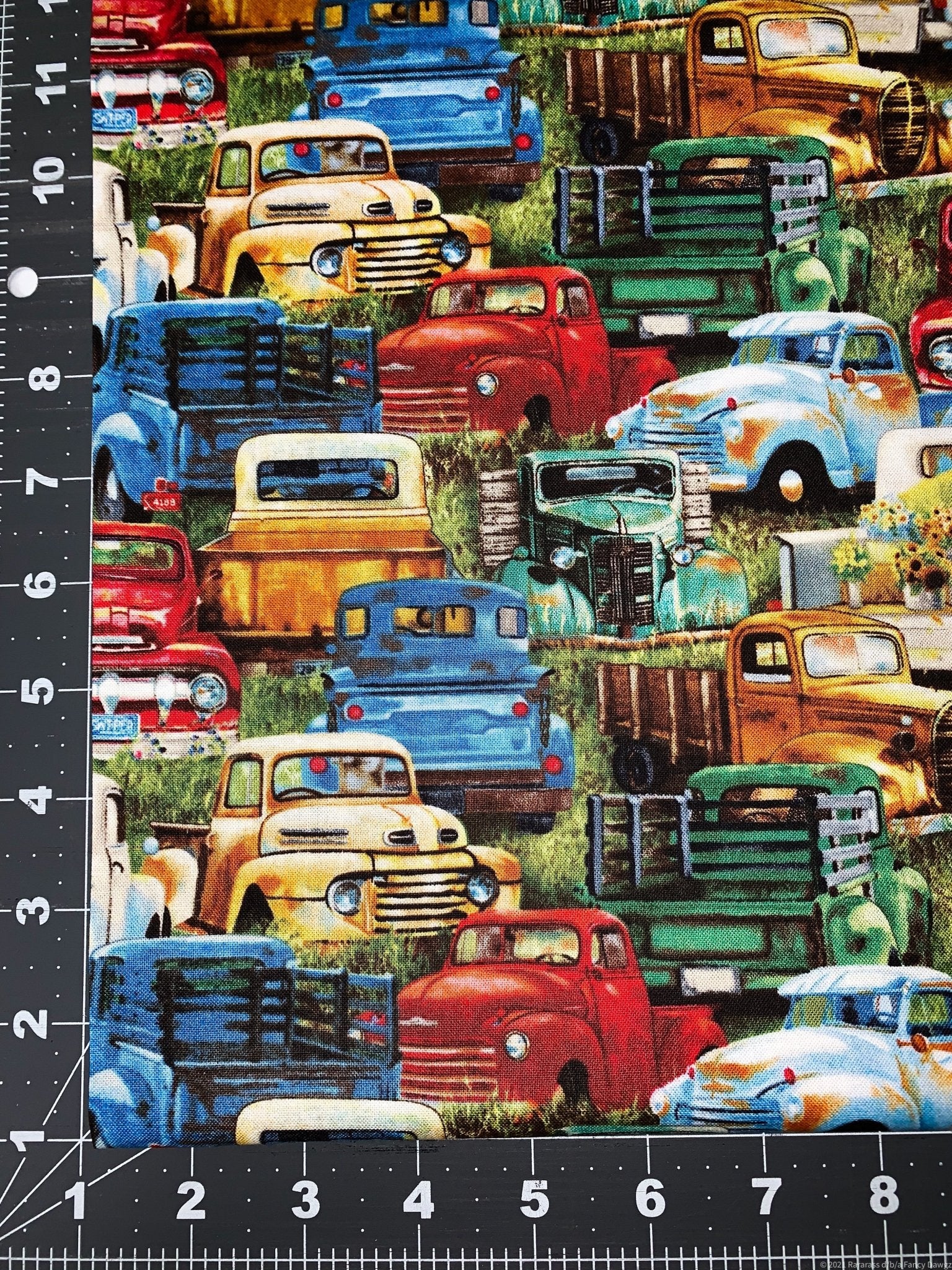 Vintage Truck Fabric 21002 Green Trucks cotton fabric - Mary Jo Fabrics