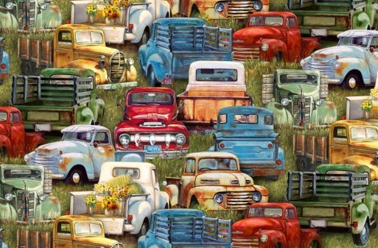 Vintage Truck Fabric 21002 Green Trucks cotton fabric - Mary Jo Fabrics