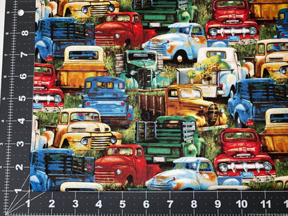 Vintage Truck Fabric 21002 Green Trucks cotton fabric