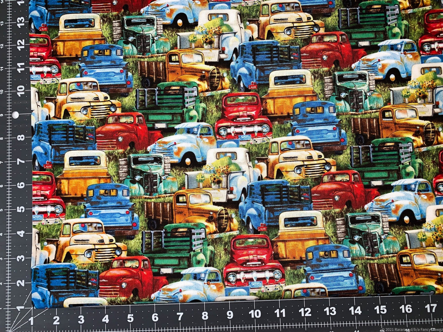 Vintage Truck Fabric 21002 Green Trucks cotton fabric - Mary Jo Fabrics