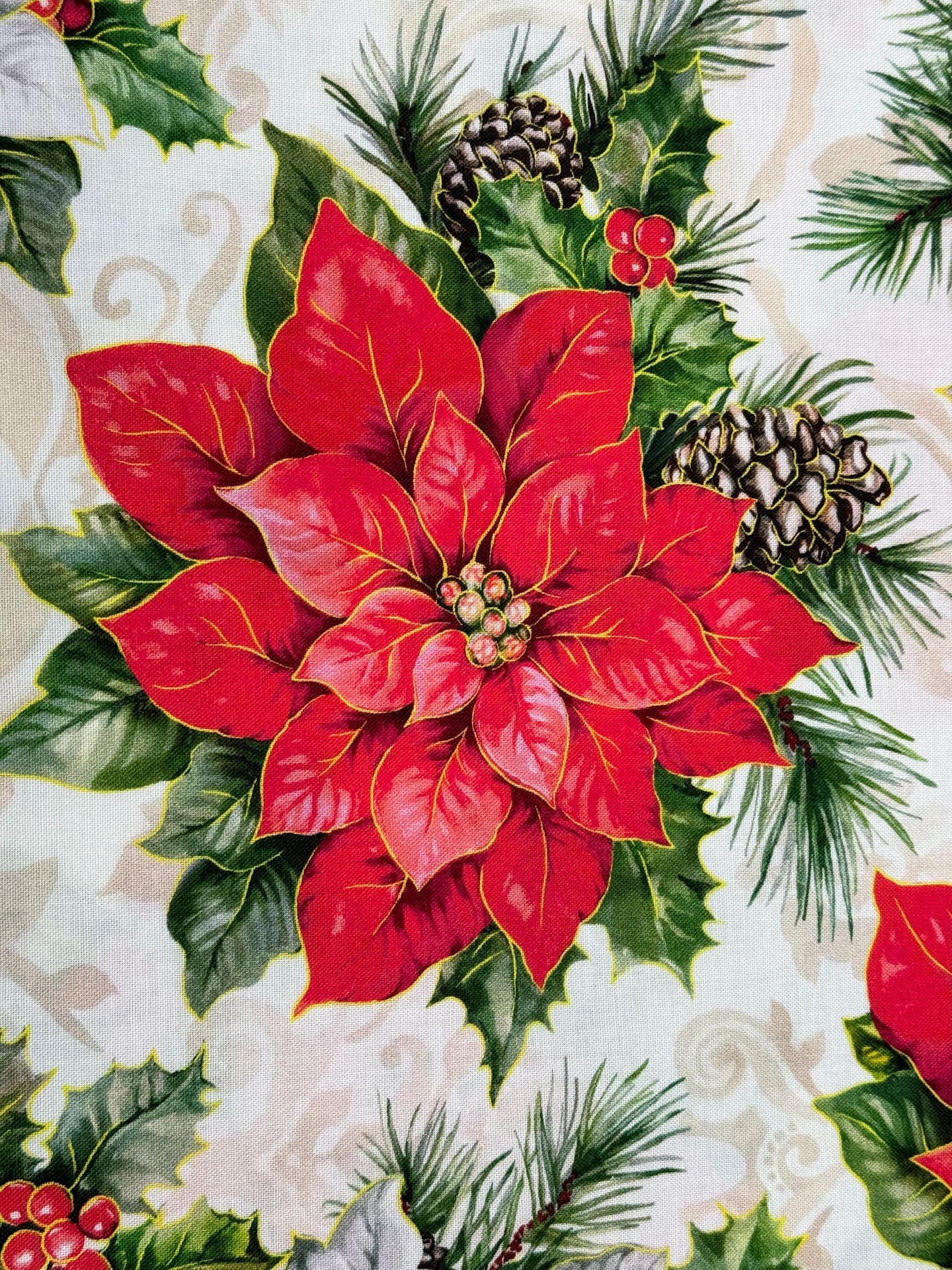 White and Red Poinsettia fabric Christmas cotton fabric - Mary Jo Fabrics