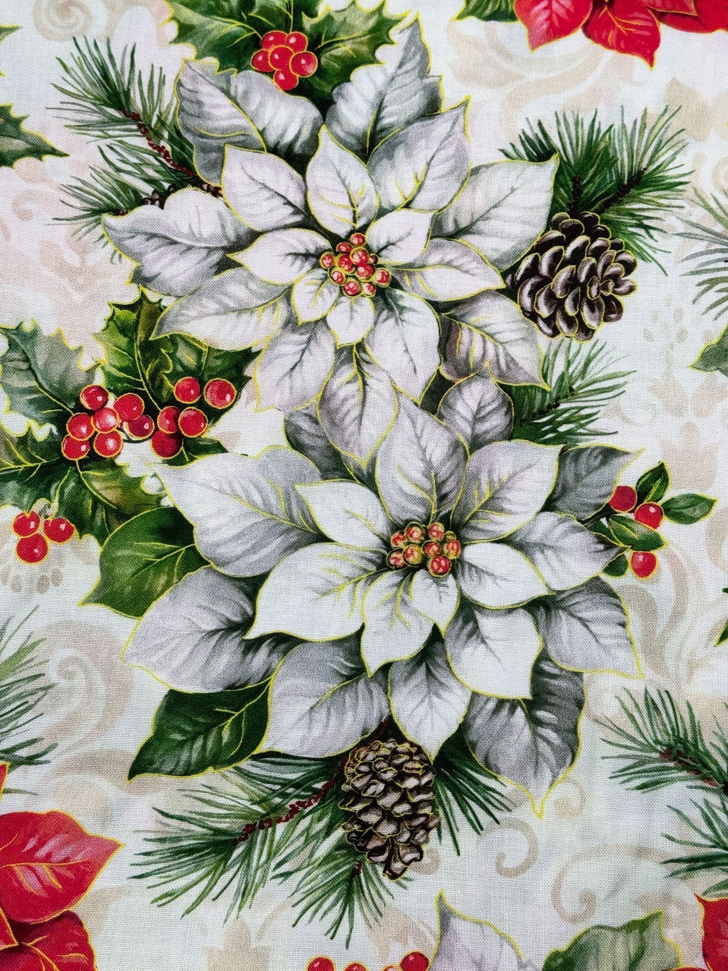 White and Red Poinsettia fabric Christmas cotton fabric - Mary Jo Fabrics