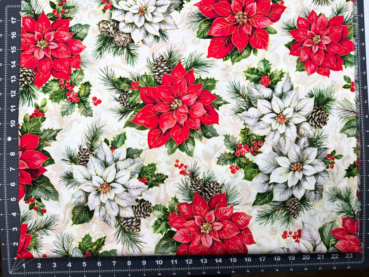 White and Red Poinsettia fabric Christmas cotton fabric - Mary Jo Fabrics