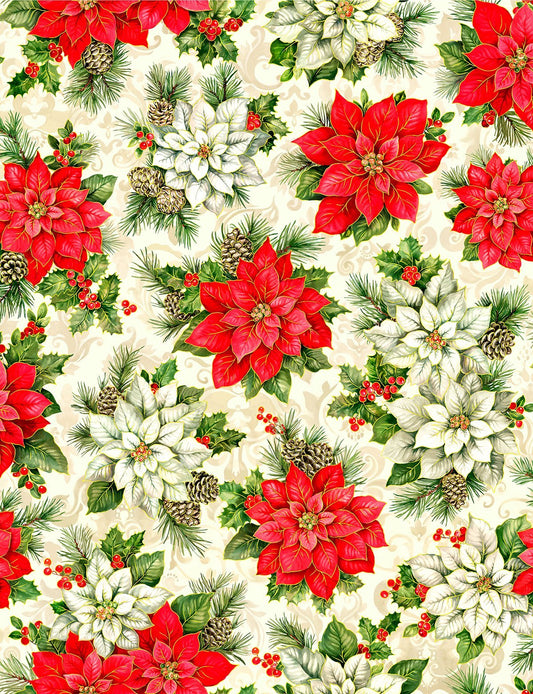 White and Red Poinsettia fabric Christmas cotton fabric - Mary Jo Fabrics