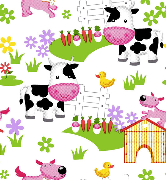 White Barnyard Cow FLANNEL 44 - 6391 Puppy Dog - Mary Jo Fabrics