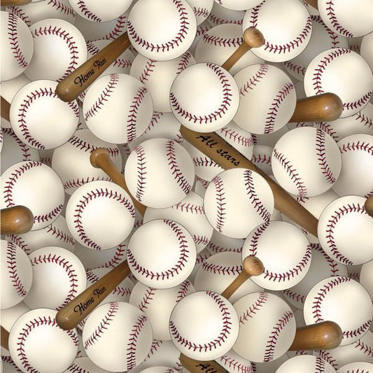 White Baseball Fabric 112 Baseball Bats & Baseballs - Mary Jo Fabrics