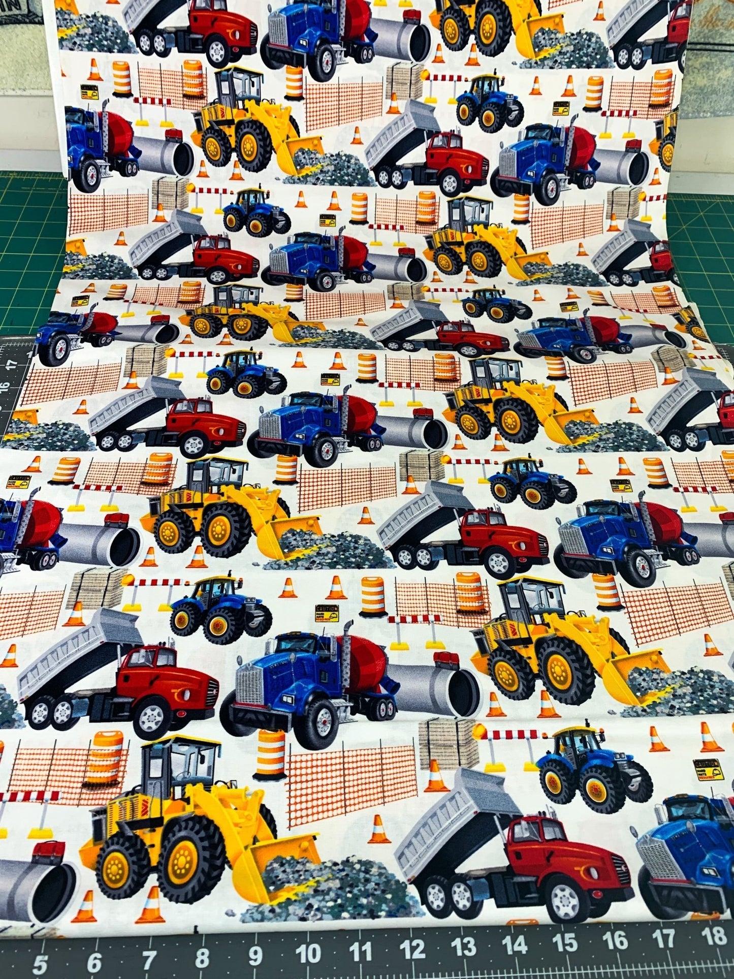 White Bulldozer fabric 389 - 1 kids fabric - Mary Jo Fabrics