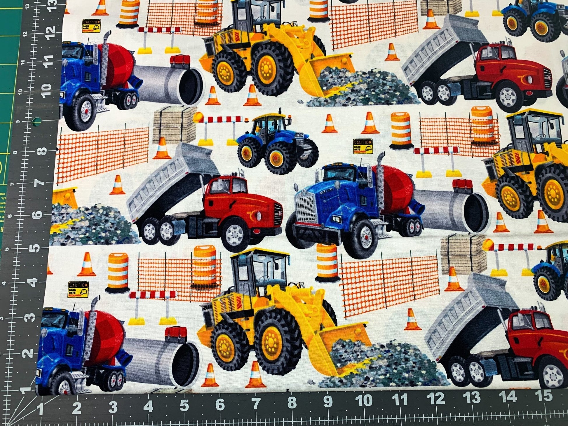 White Bulldozer fabric 389 - 1 kids fabric - Mary Jo Fabrics