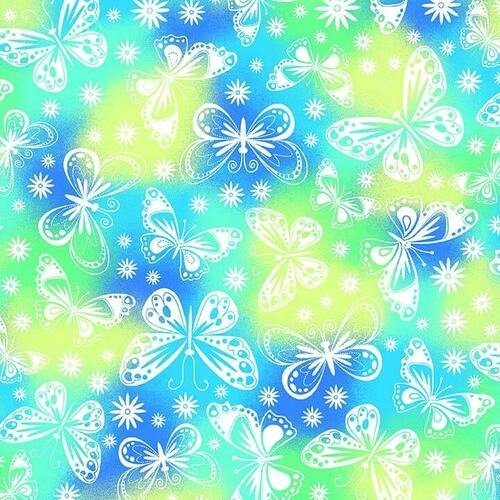 White Butterflies FLANNEL 1031-11 Cool Blue Yellow - Mary Jo Fabrics