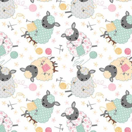 White Knitting Sheep FLANNEL 13677 Comfy Flannel - Mary Jo Fabrics