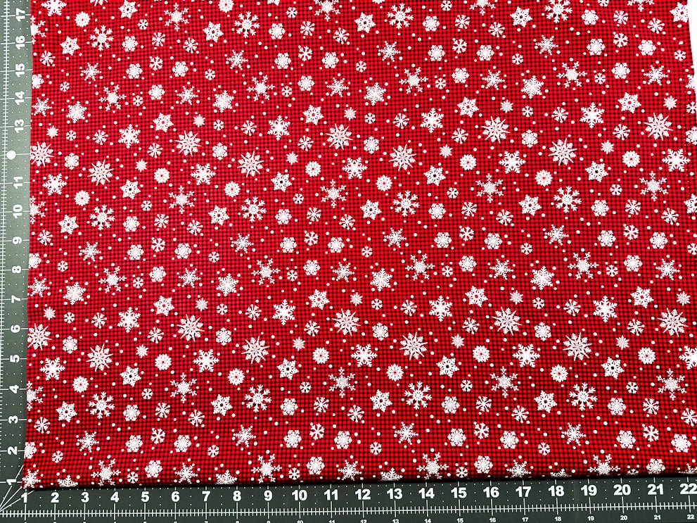 White Snowflake fabric C1367 Christmas Snow Buffalo plaid check - Mary Jo Fabrics