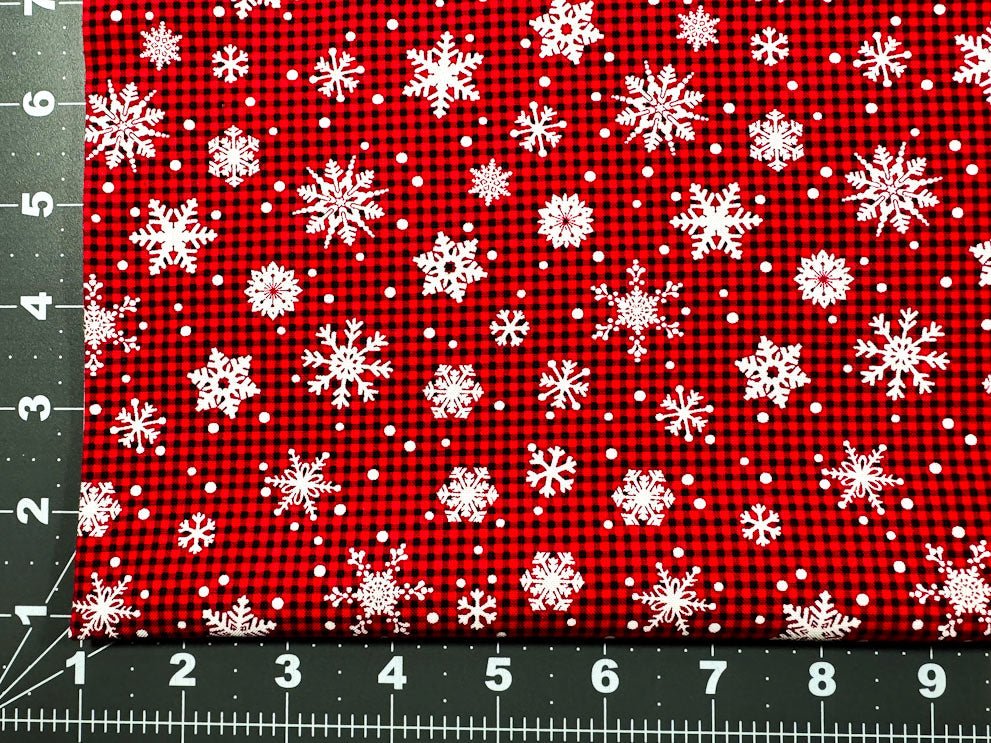 White Snowflake fabric C1367 Christmas Snow Buffalo plaid check - Mary Jo Fabrics