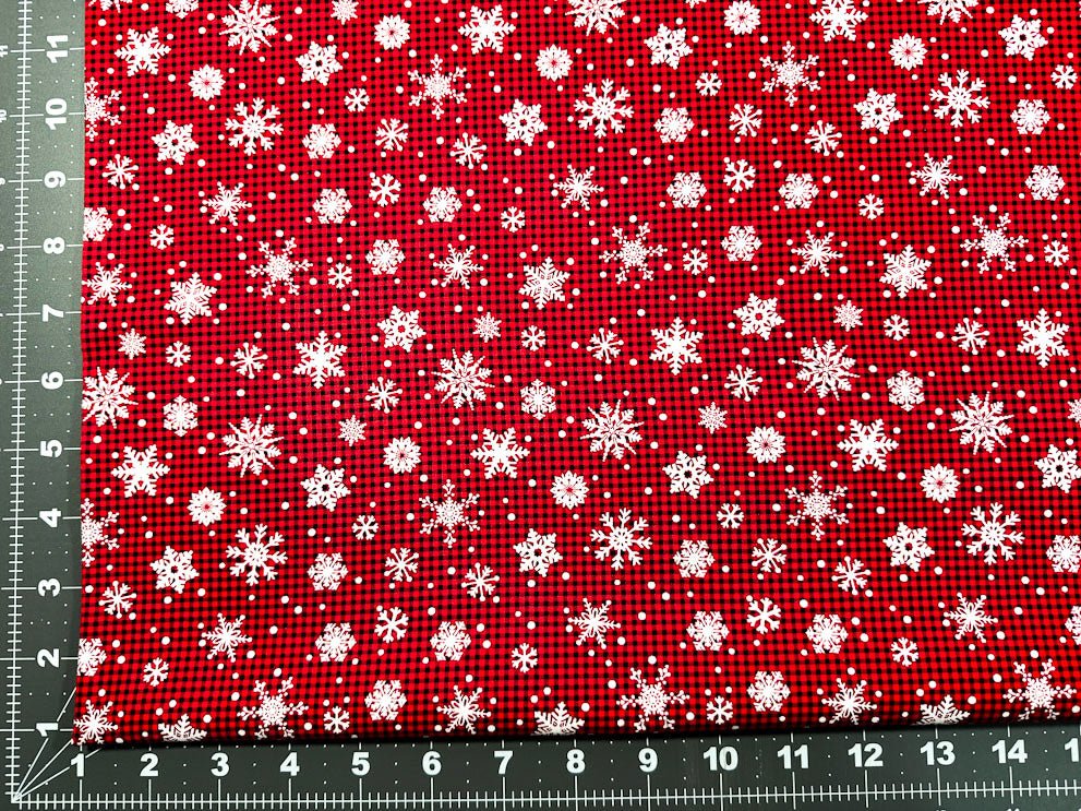 White Snowflake fabric C1367 Christmas Snow Buffalo plaid check - Mary Jo Fabrics