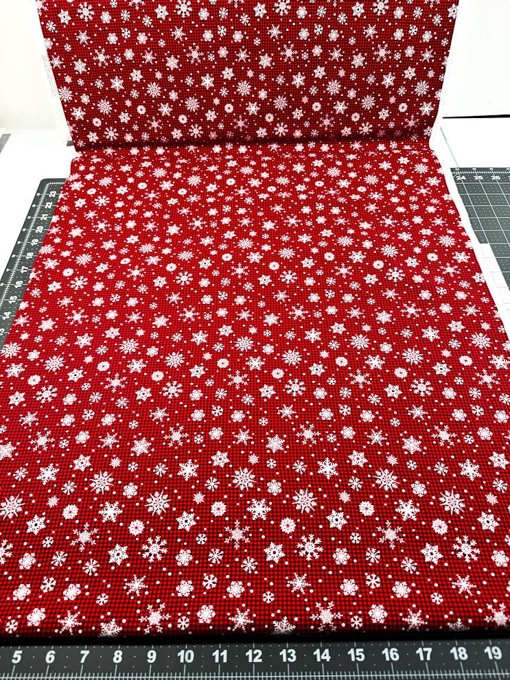 White Snowflake fabric C1367 Christmas Snow Buffalo plaid check - Mary Jo Fabrics