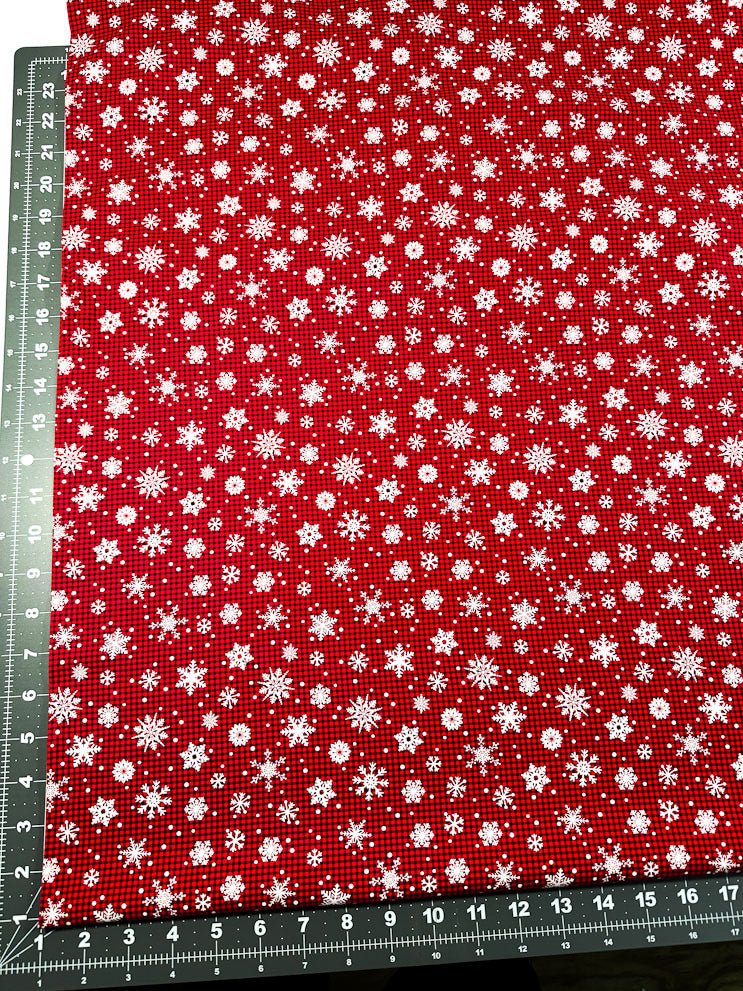 White Snowflake fabric C1367 Christmas Snow Buffalo plaid check - Mary Jo Fabrics