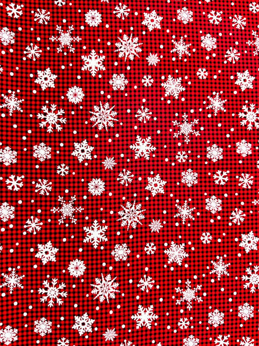 White Snowflake fabric C1367 Christmas Snow Buffalo plaid check - Mary Jo Fabrics