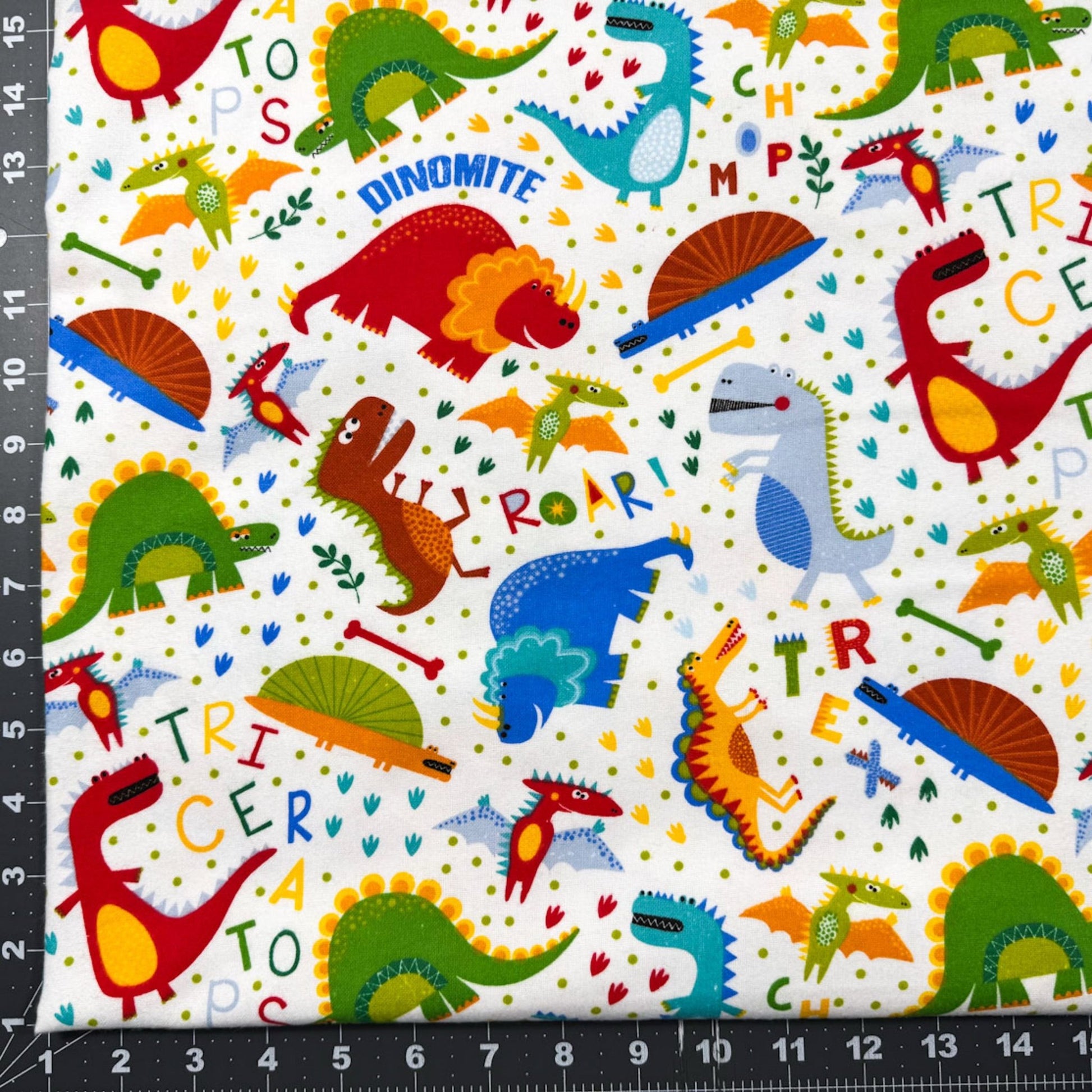 White T Rex Dinosaur FLANNEL Fabric 44 - 7501 Fun Flannels - Mary Jo Fabrics