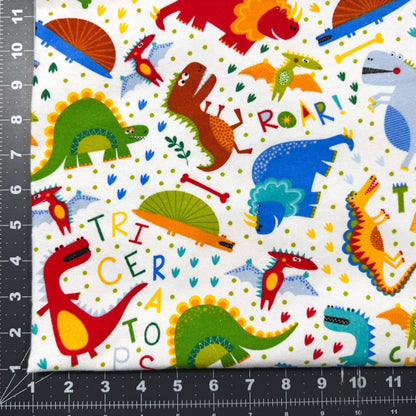 White T Rex Dinosaur FLANNEL Fabric 44 - 7501 Fun Flannels - Mary Jo Fabrics