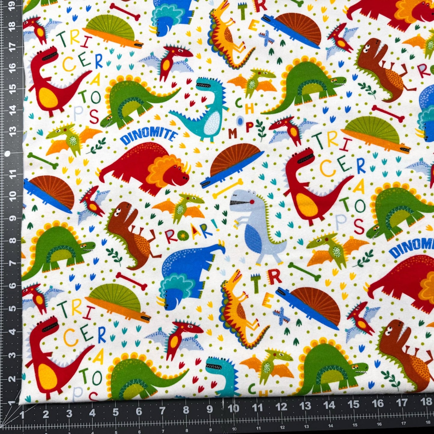 White T Rex Dinosaur FLANNEL Fabric 44 - 7501 Fun Flannels - Mary Jo Fabrics