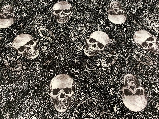 Wicked Skull fabric C7887 Skull bandana fabric damask - Mary Jo Fabrics