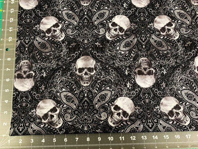 Wicked Skull fabric C7887 Skull bandana fabric damask - Mary Jo Fabrics