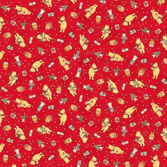 Winnie the Pooh Fabric 9101-88 Red Christmas Pooh Corner Piglet Gift - Mary Jo Fabrics