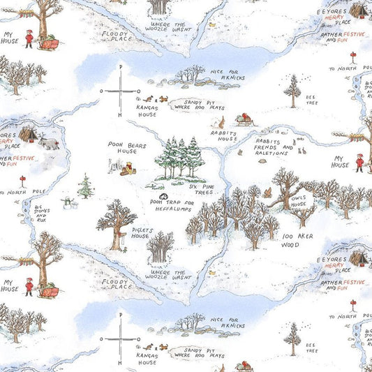 Winnie the Pooh Fabric 9105-07 Frosted Snowy Hundred Acres Wood Map - Mary Jo Fabrics