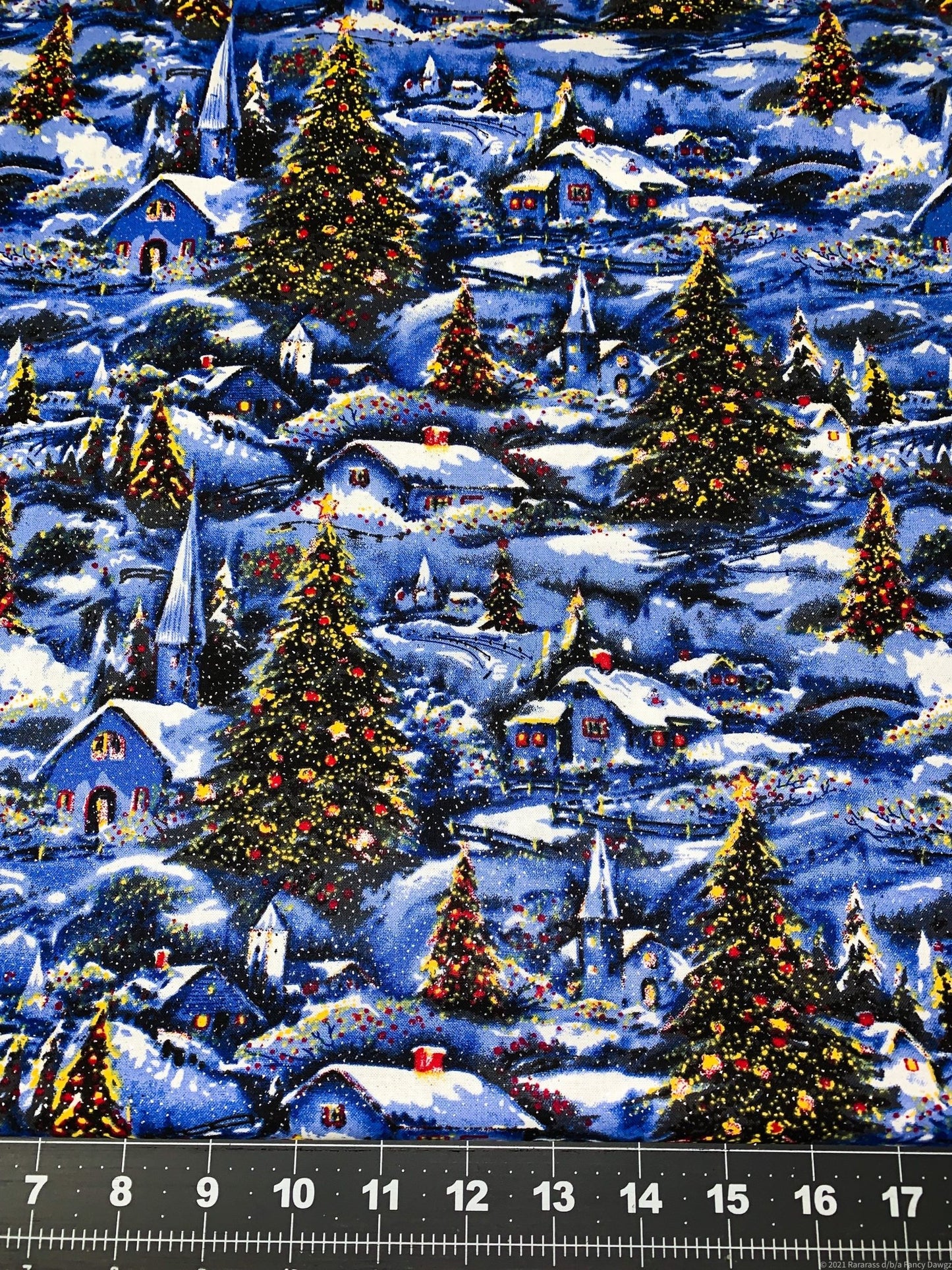 Winter Village Scene w Glitter Christmas fabric - Mary Jo Fabrics