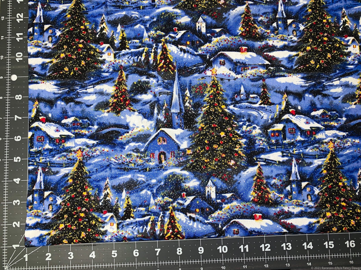 Winter Village Scene w Glitter Christmas fabric - Mary Jo Fabrics