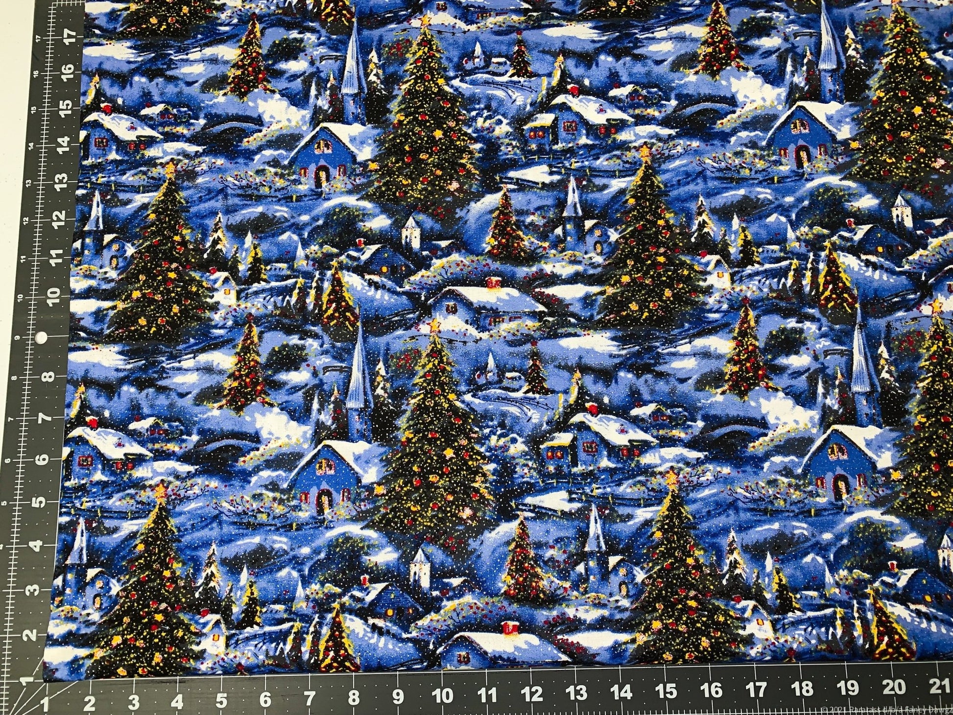 Winter Village Scene w Glitter Christmas fabric - Mary Jo Fabrics