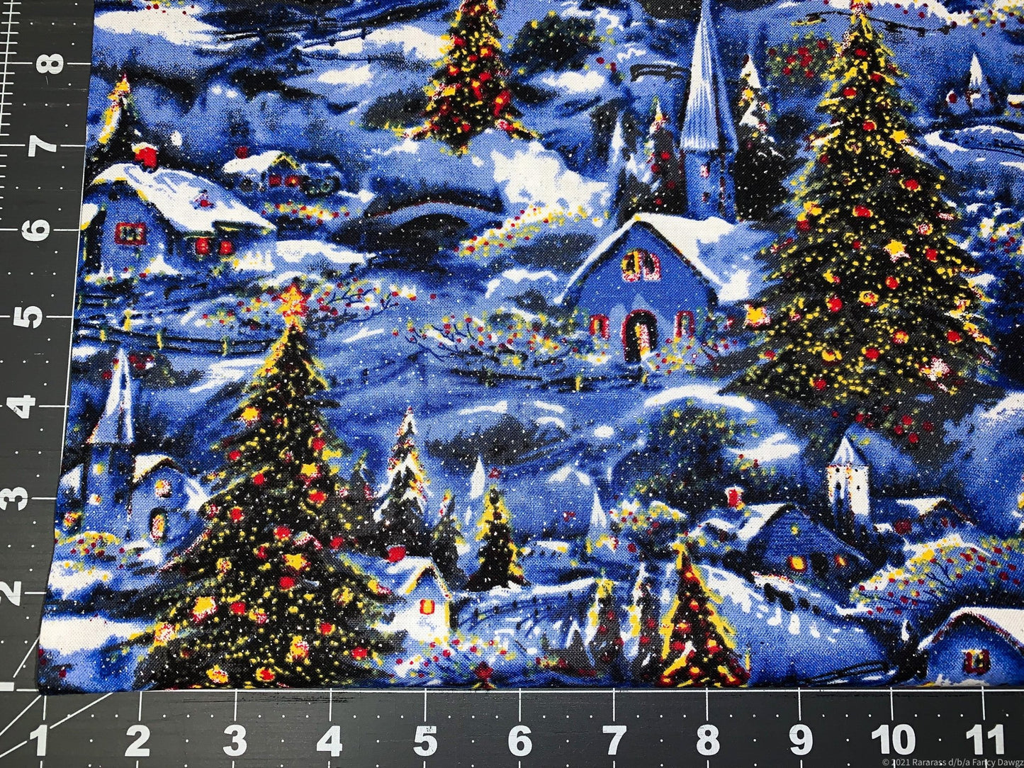 Winter Village Scene w Glitter Christmas fabric - Mary Jo Fabrics