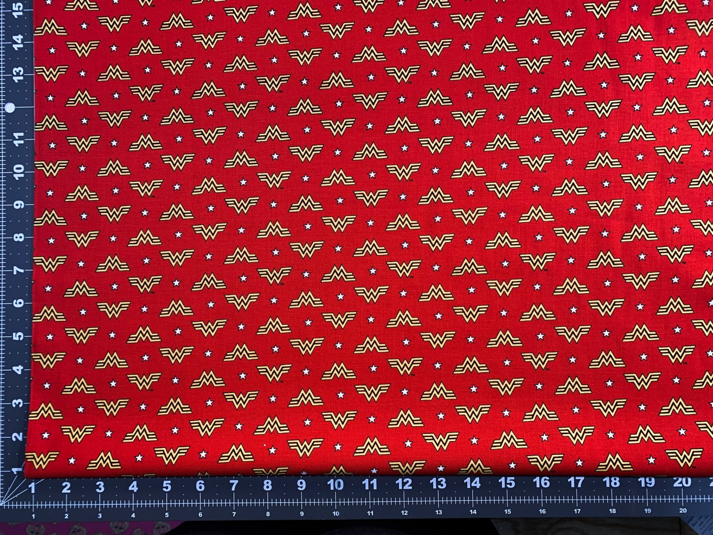 Wonder Woman fabric WW84 WW logo and stars - Mary Jo Fabrics