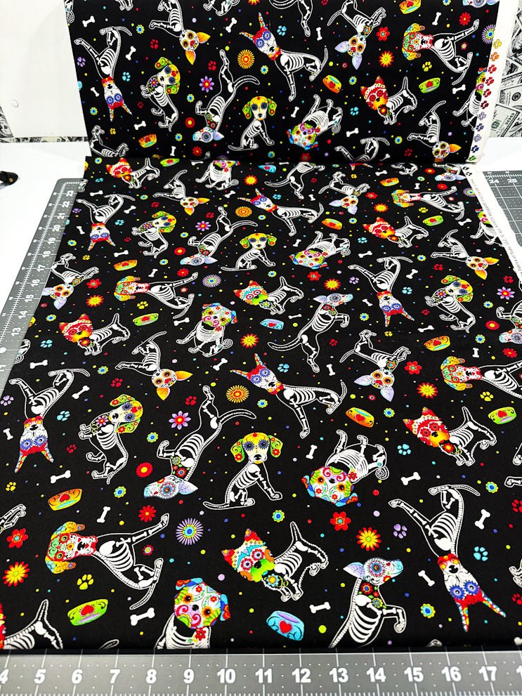 Xray Skeleton dog fabric C4640 Day of the Dead puppy cotton fabric - Mary Jo Fabrics