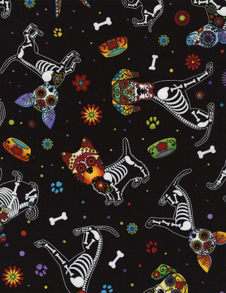 Xray Skeleton dog fabric C4640 Day of the Dead puppy cotton fabric - Mary Jo Fabrics