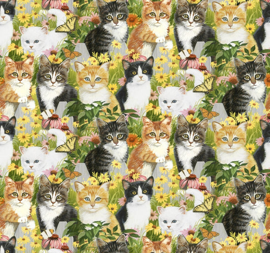 Yellow Daisies and Kitten fabric 3583 cat cotton fabric - Mary Jo Fabrics