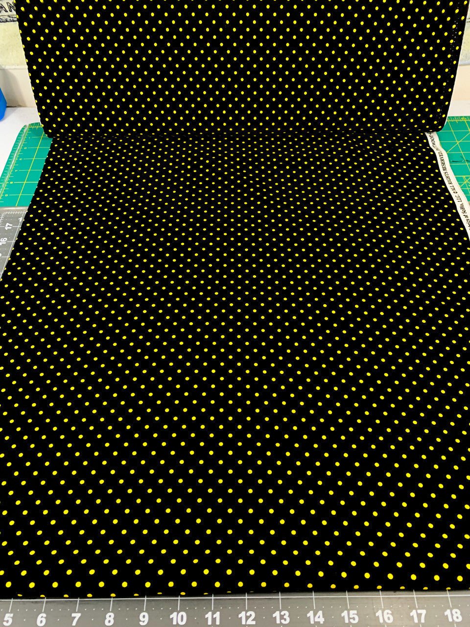 Yellow Polka Dot fabric C1820 Bee Yellow dots on black - Mary Jo Fabrics