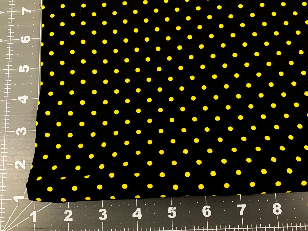 Yellow Polka Dot fabric C1820 Bee Yellow dots on black - Mary Jo Fabrics