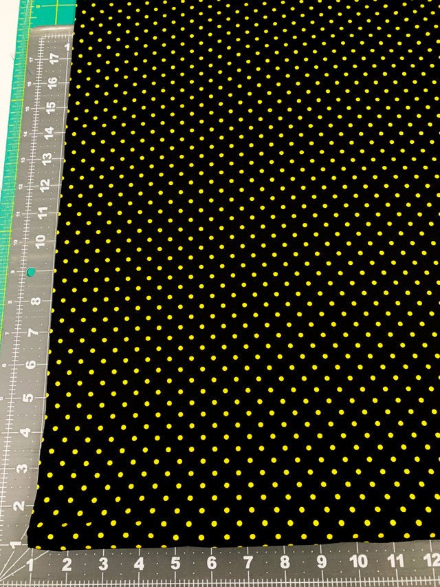 Yellow Polka Dot fabric C1820 Bee Yellow dots on black - Mary Jo Fabrics