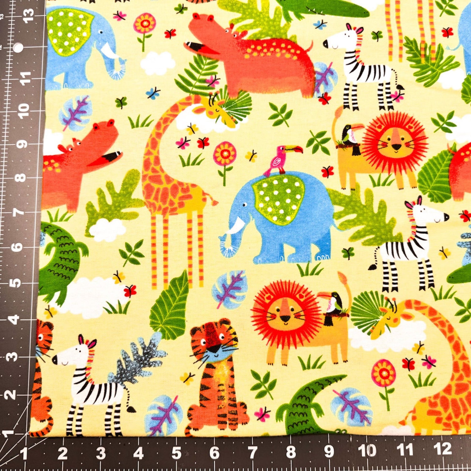 Yellow Zoo Animal FLANNEL fabric 44 - 7951 Lion Tiger Giraffe - Mary Jo Fabrics