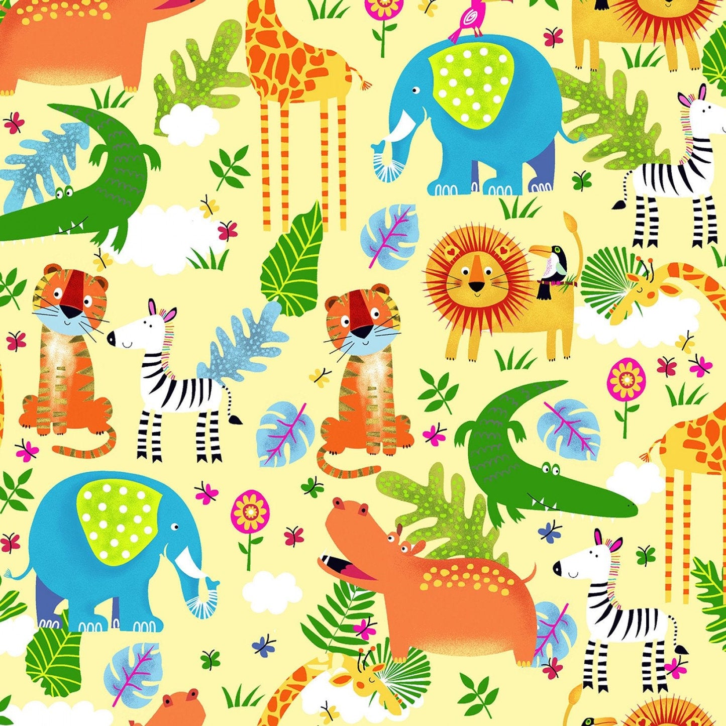 Yellow Zoo Animal FLANNEL fabric 44 - 7951 Lion Tiger Giraffe - Mary Jo Fabrics