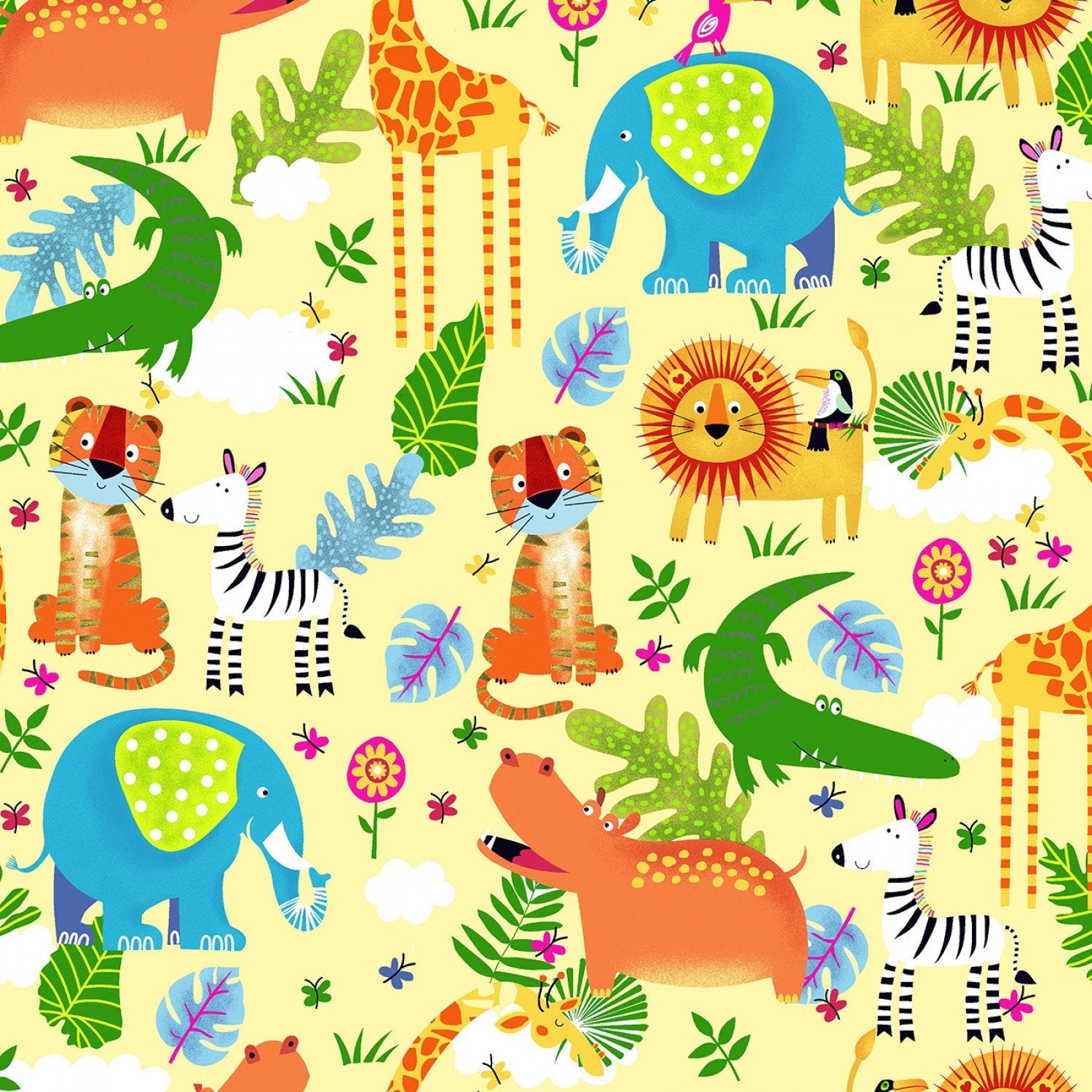 Yellow Zoo Animal FLANNEL fabric 44 - 7951 Lion Tiger Giraffe - Mary Jo Fabrics