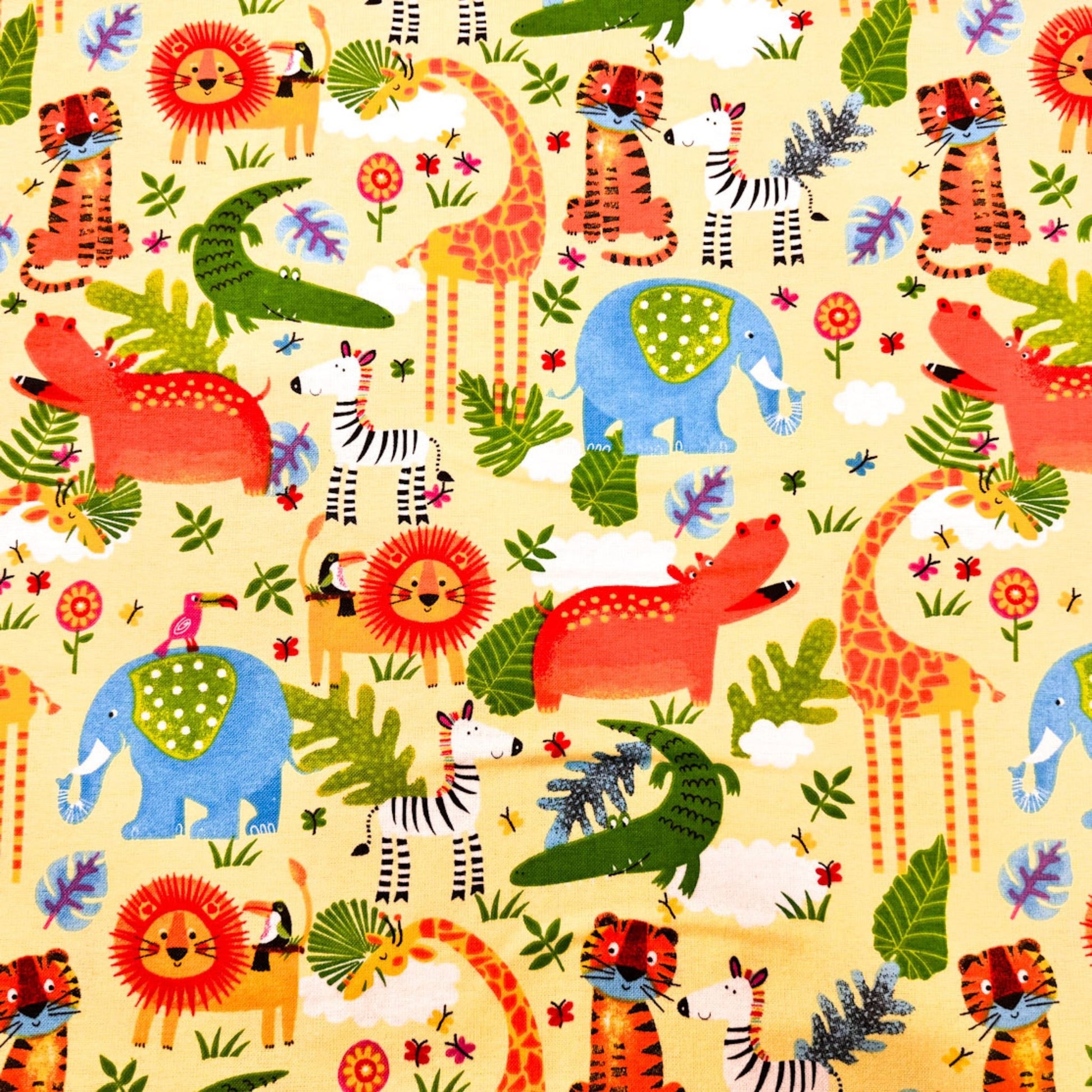 Yellow Zoo Animal FLANNEL fabric 44 - 7951 Lion Tiger Giraffe - Mary Jo Fabrics