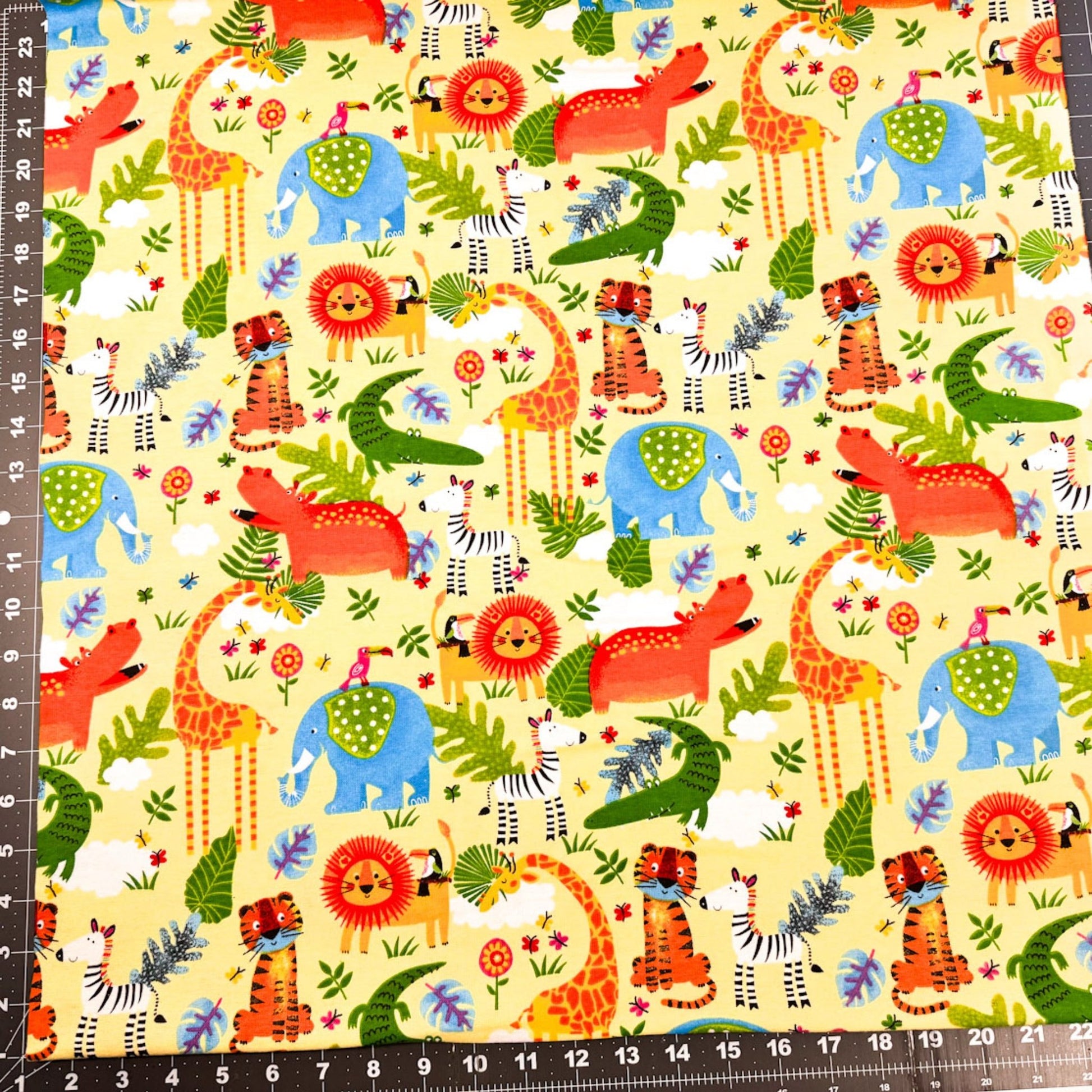 Yellow Zoo Animal FLANNEL fabric 44 - 7951 Lion Tiger Giraffe - Mary Jo Fabrics