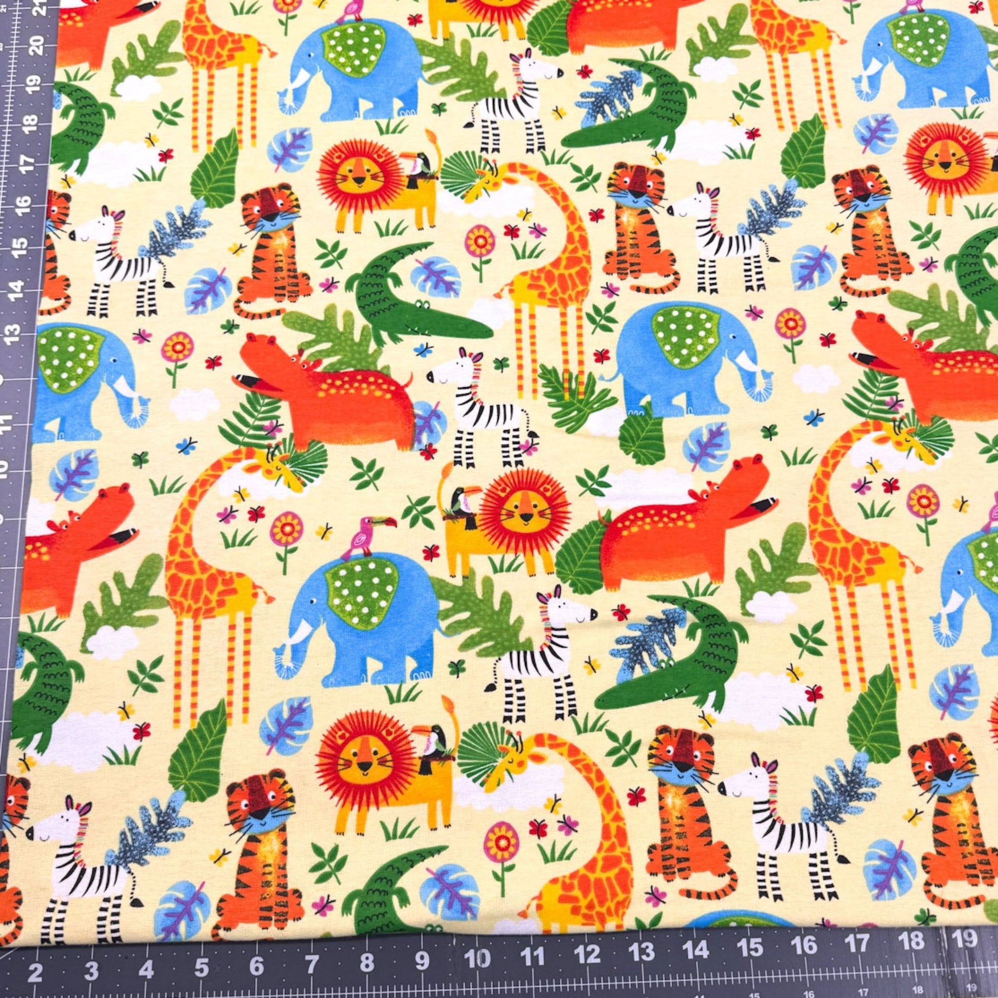Yellow Zoo Animal FLANNEL fabric 44 - 7951 Lion Tiger Giraffe - Mary Jo Fabrics