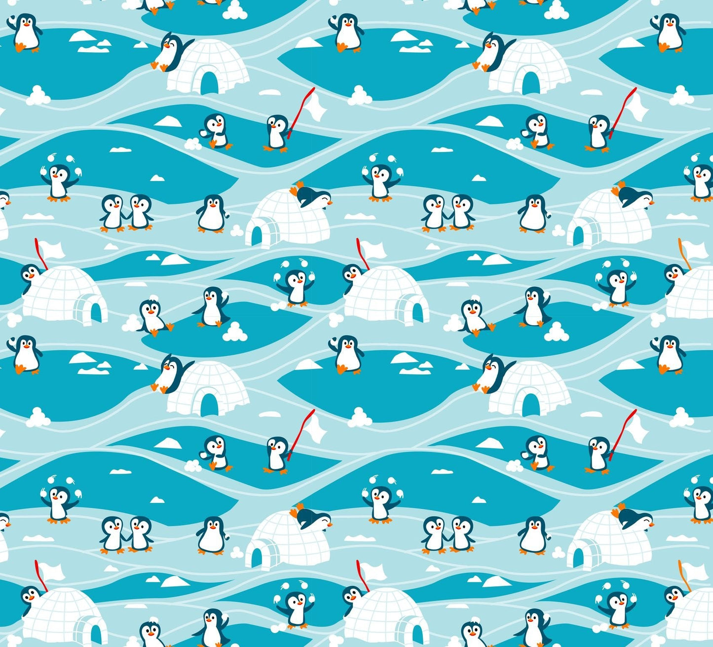 Zooville Penguin fabric D133 - E Ice Blue Penguins Playing - Mary Jo Fabrics