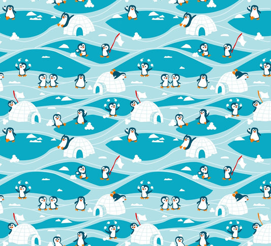 Zooville Penguin fabric D133 - E Ice Blue Penguins Playing - Mary Jo Fabrics
