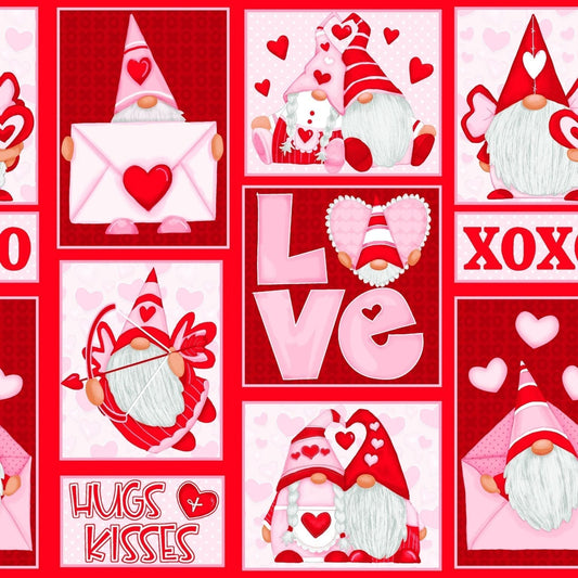 Gnomie Love fabric 9785 Red and Pink Love Gnome cotton fabric
