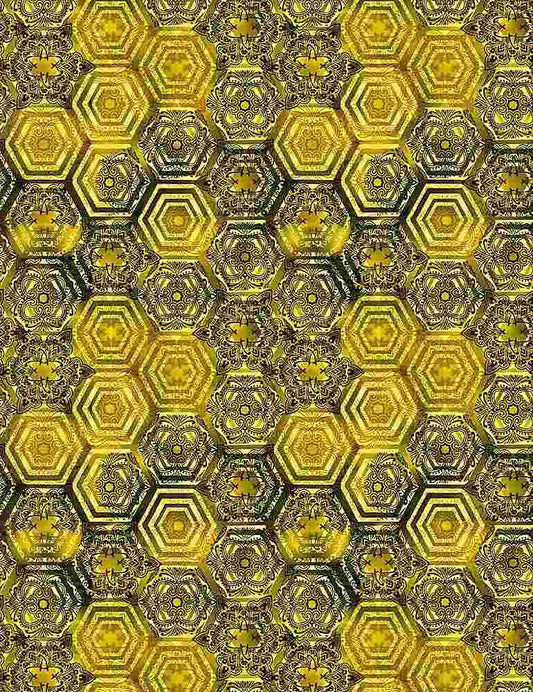 Gold Queen Bee fabric CD1352 Honeycomb fabric Bees